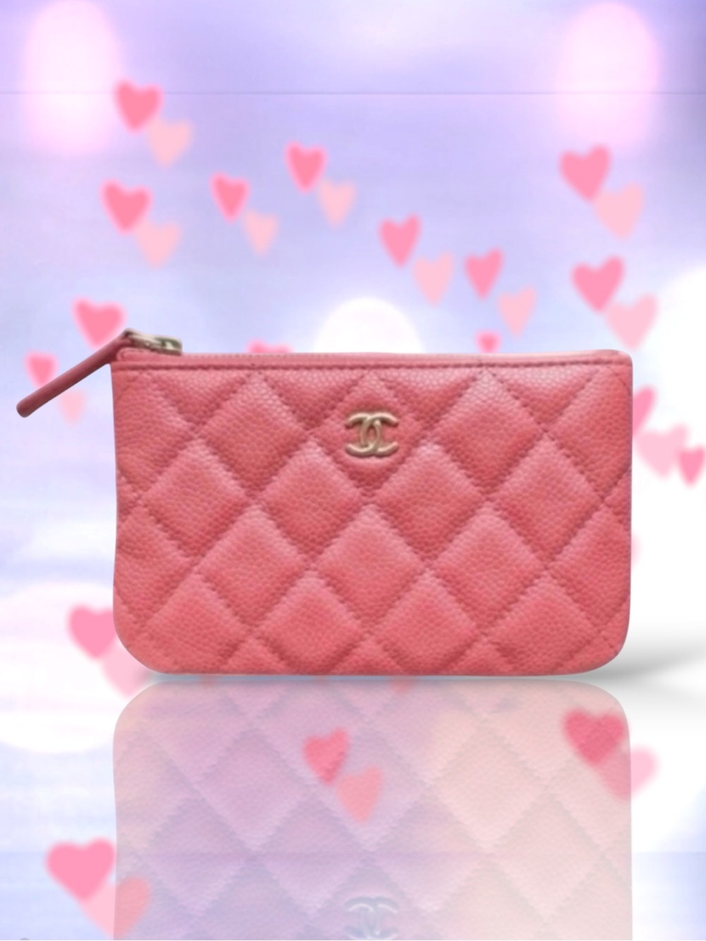 💕CHANEL Shiny Grained Calfskin (CAVIAR) Wallet Clutch Pouch CC Logo • PINK • GHW